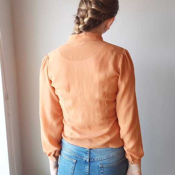 Vintage 50s/60s Orange Sheer Pearl Button-Up Pleated Shirt - Picture 6 of 16